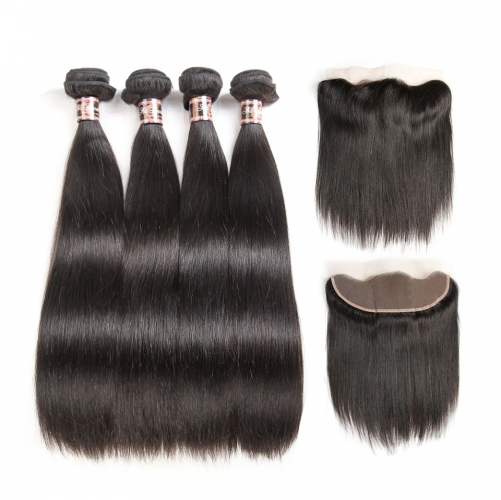 4 Bundles with Frontal  HD Lace and Transparent Lace 13*4 Straight Human Virgin Hair Pre-plucked Natural Hairline Frontal
