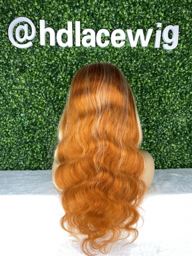 Orange color body wave HD lace frontal wig  Indian virgin hair best quality hight density small knots