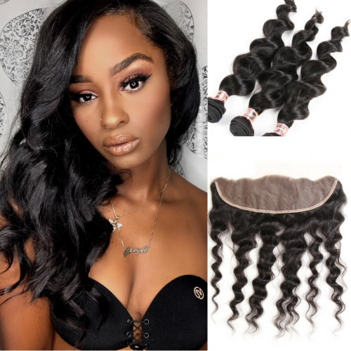 3 Bundles with Frontal  HD Lace and Transparent Lace 13*4 13*6  Loose Deep Wave Human Virgin Hair Pre-Plucked Natural Hairline Frontal