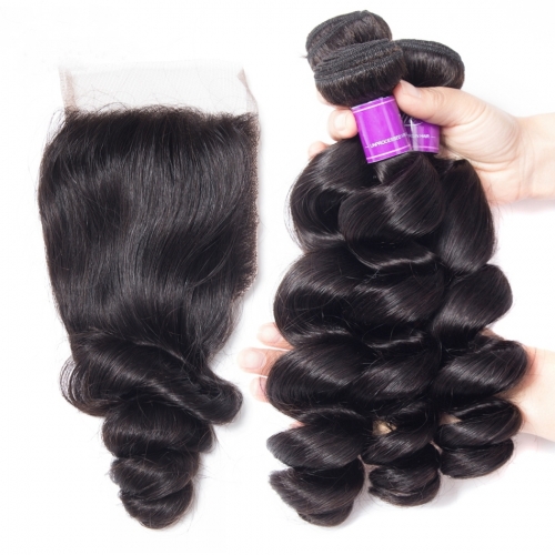 3 Bundles with Closure HD Lace and Transparent Lace Closure 4*4 5*5 6*6 Tight Loose Wave Human Virgin Hair Free Part Closure